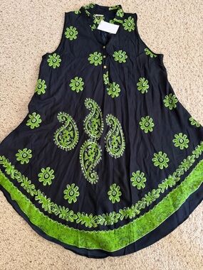 Exist  Black Floral Dress with Lime Green Floral Embroidery size XL NWT